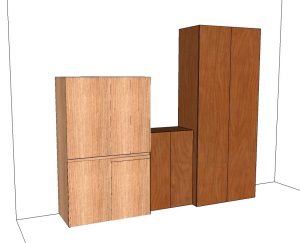 cucina armadio compact nella finitura legno naturale con trattato affiancata ai tuoi arredi di legno ,vista degli elementi tutti chiusi, nella tinta diversa che uniformiamo sui prossimi grafici, insieme alla dinamica dell'altezza equiparata con l'aggiunta di semplici ripiani